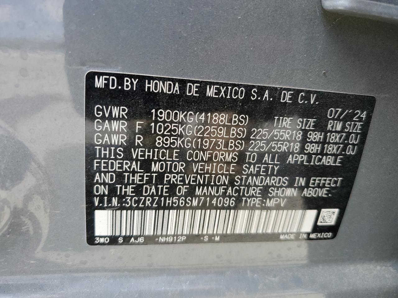 2025 Honda Hr-V Sport VIN: 3CZRZ1H56SM714096 Lot: 71644335