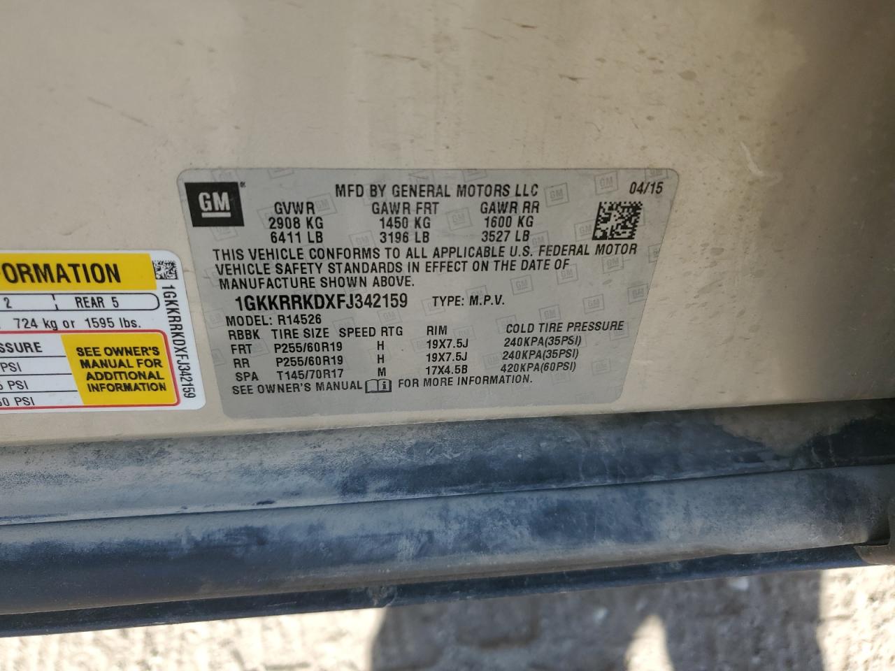 2015 GMC Acadia Slt-1 VIN: 1GKKRRKDXFJ342159 Lot: 84234615