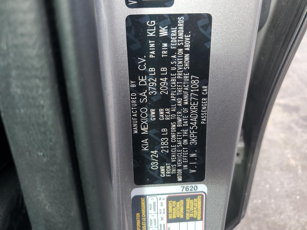 2024 Kia Forte Gt Line VIN: 3KPF54ADXRE771087 Lot: 80573545