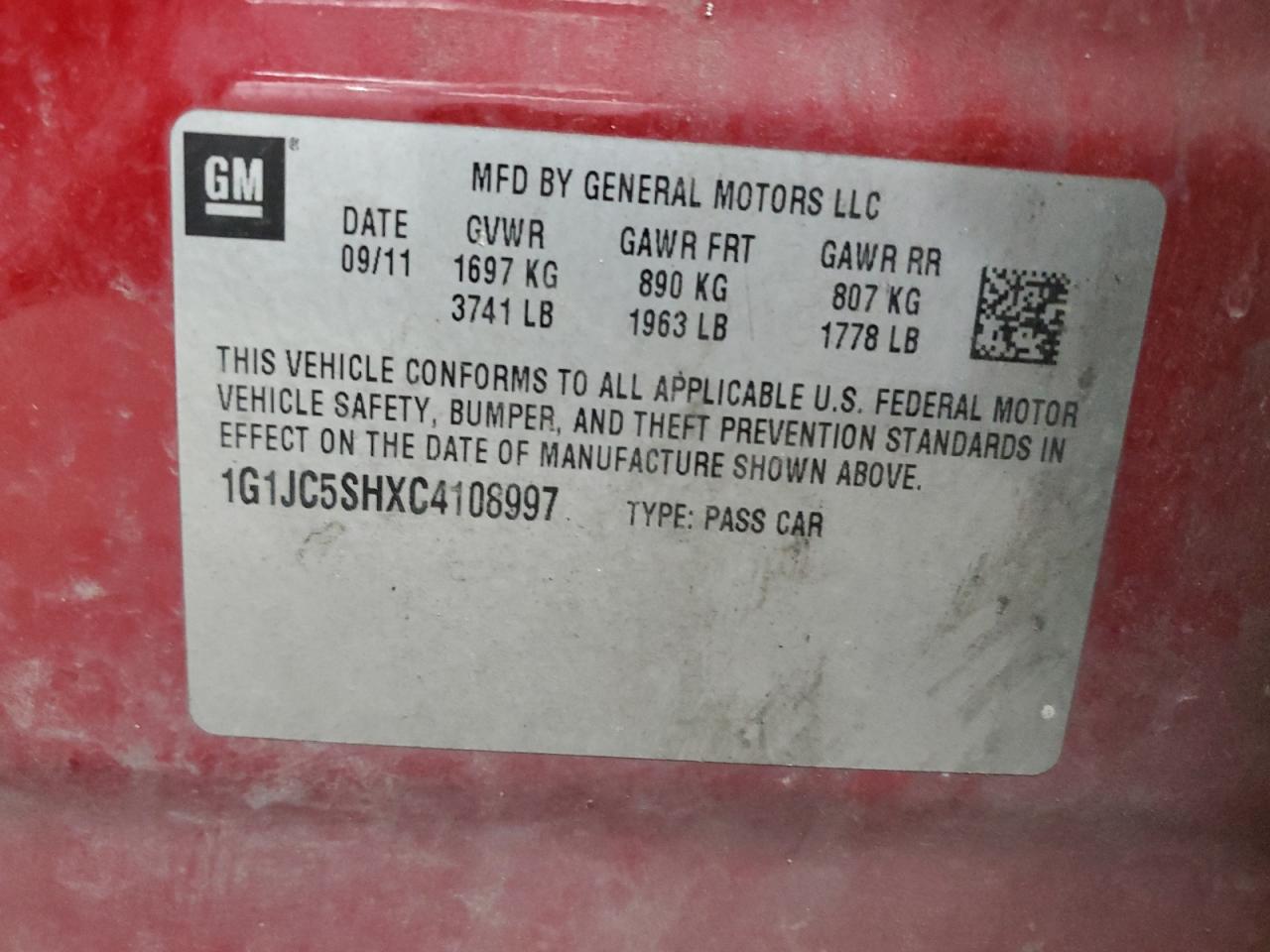 2012 Chevrolet Sonic Lt VIN: 1G1JC5SHXC4108997 Lot: 80701425