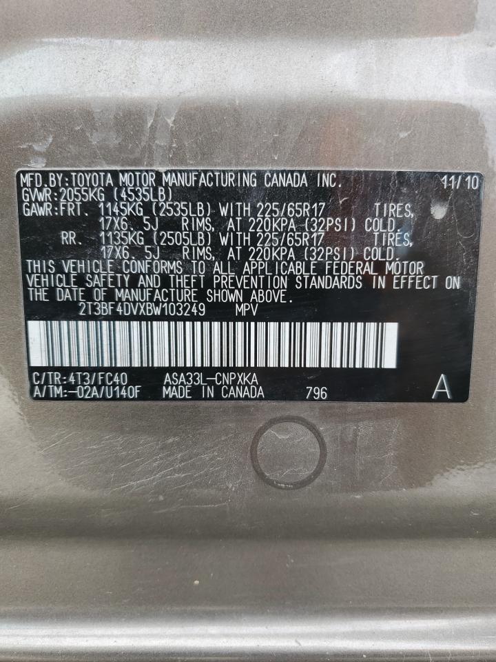 2011 Toyota Rav4 VIN: 2T3BF4DVXBW103249 Lot: 81462435