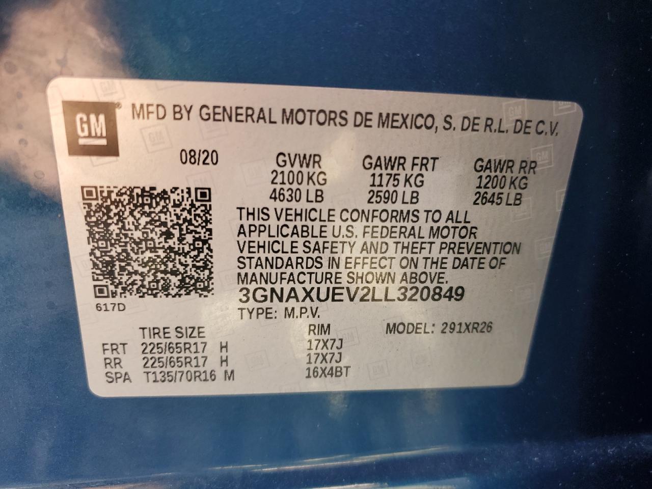 2020 Chevrolet Equinox Lt VIN: 3GNAXUEV2LL320849 Lot: 81211265