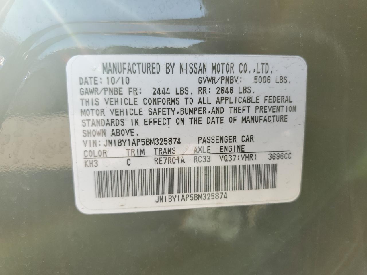 2011 Infiniti M37 VIN: JN1BY1AP5BM325874 Lot: 81398365