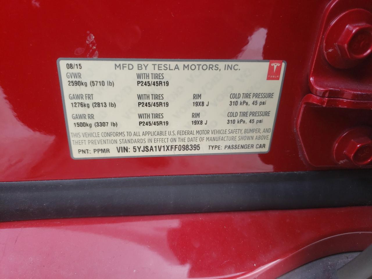 2015 Tesla Model S 90 VIN: 5YJSA1V1XFF098395 Lot: 81632695