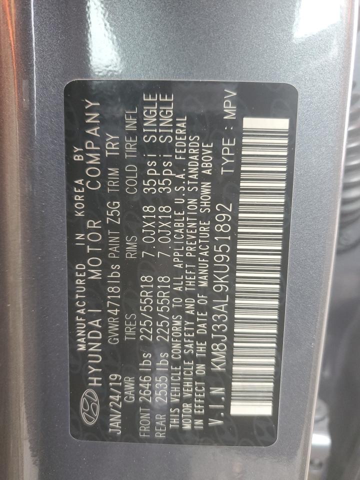 2019 Hyundai Tucson Limited VIN: KM8J33AL9KU951892 Lot: 83789695