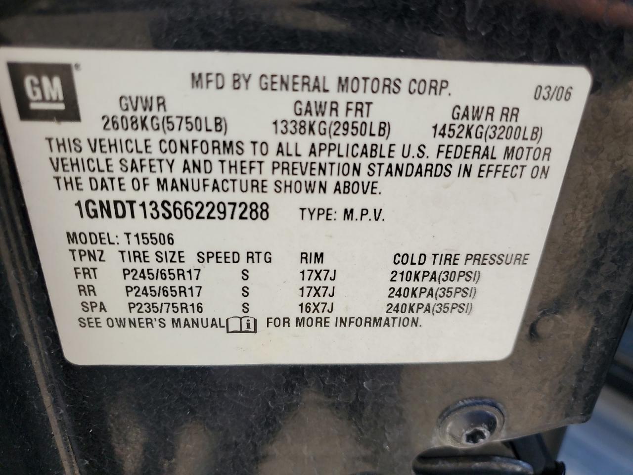 2006 Chevrolet Trailblazer Ls VIN: 1GNDT13S662297288 Lot: 70854915