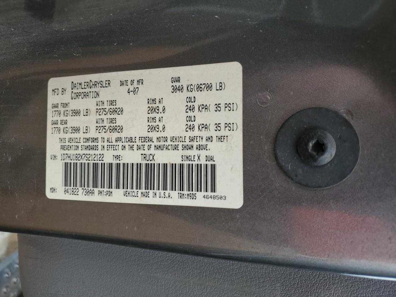 2007 Dodge Ram 1500 St VIN: 1D7HU182X7S212122 Lot: 82075045