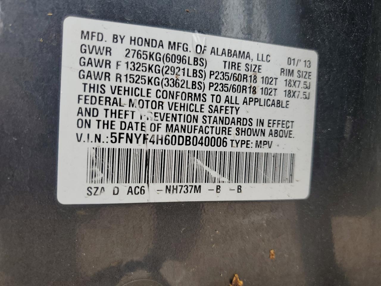 2013 Honda Pilot Exl VIN: 5FNYF4H60DB040006 Lot: 81731165