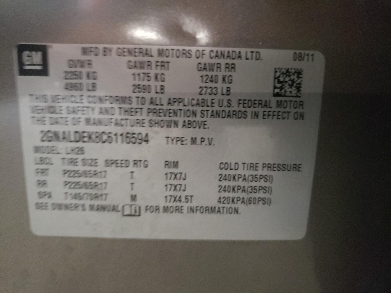 2012 Chevrolet Equinox Lt VIN: 2GNALDEK8C6116594 Lot: 81680085