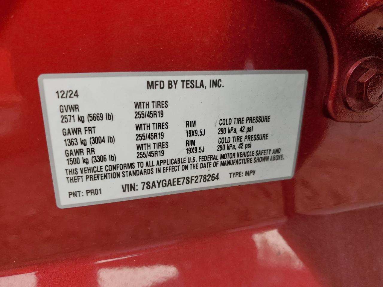 2025 Tesla Model Y VIN: 7SAYGAEE7SF278264 Lot: 71564675