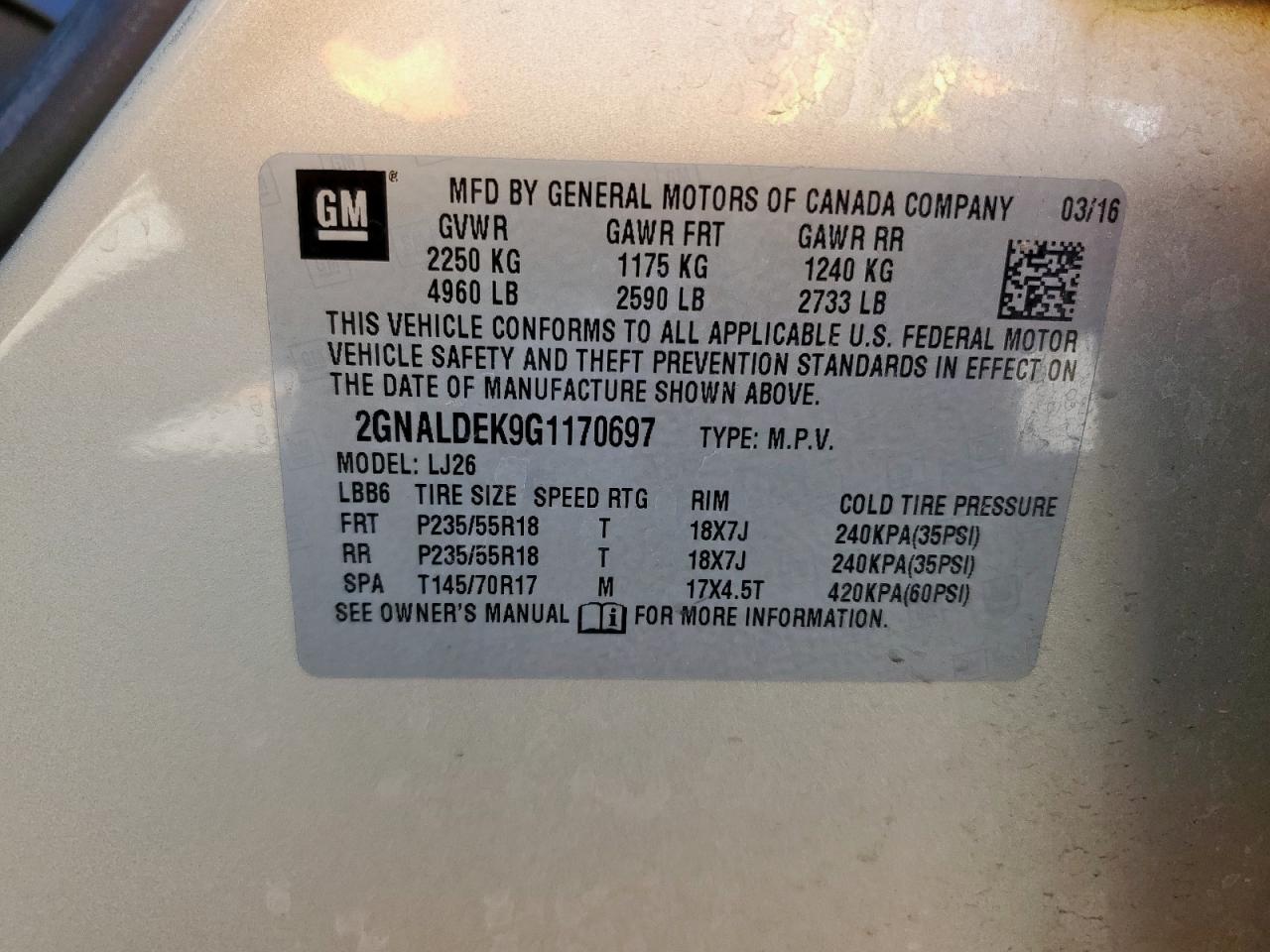 2016 Chevrolet Equinox Ltz VIN: 2GNALDEK9G1170697 Lot: 82160375