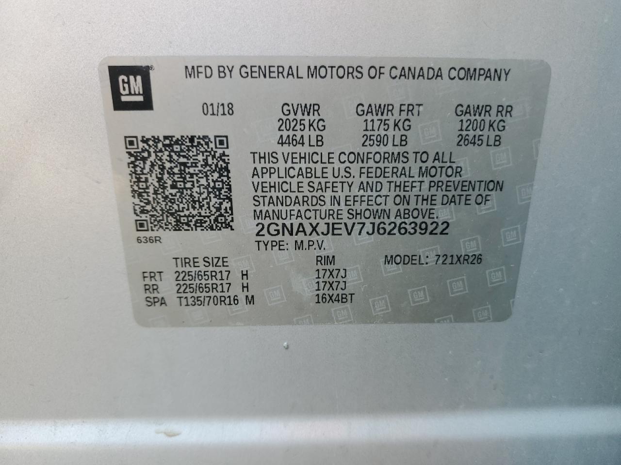 2018 Chevrolet Equinox Lt VIN: 2GNAXJEV7J6263922 Lot: 71521165