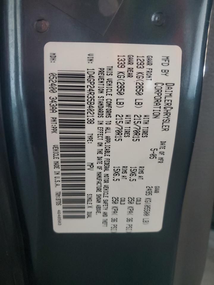 2005 Dodge Grand Caravan Se VIN: 1D4GP24R35B402138 Lot: 84296415