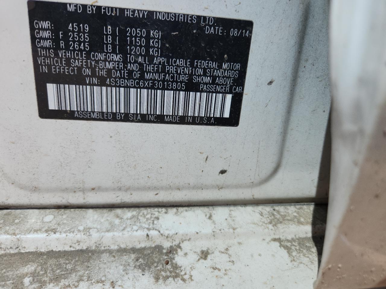 2015 Subaru Legacy 2.5I Premium VIN: 4S3BNBC6XF3013805 Lot: 71285365