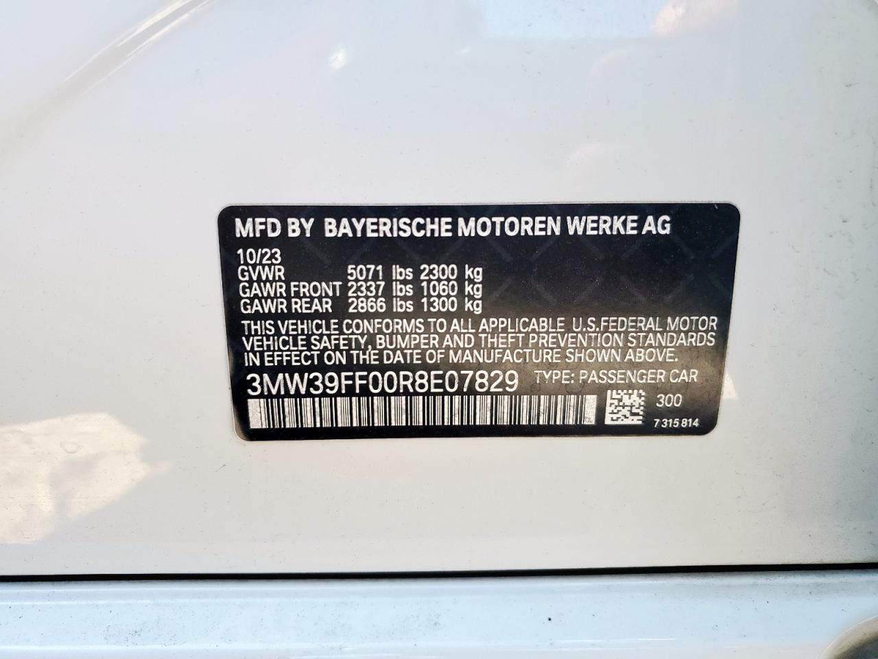 2024 BMW 330E VIN: 3MW39FF00R8E07829 Lot: 71849745