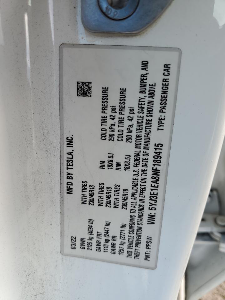 2022 Tesla Model 3 VIN: 5YJ3E1EA8NF189415 Lot: 82072735