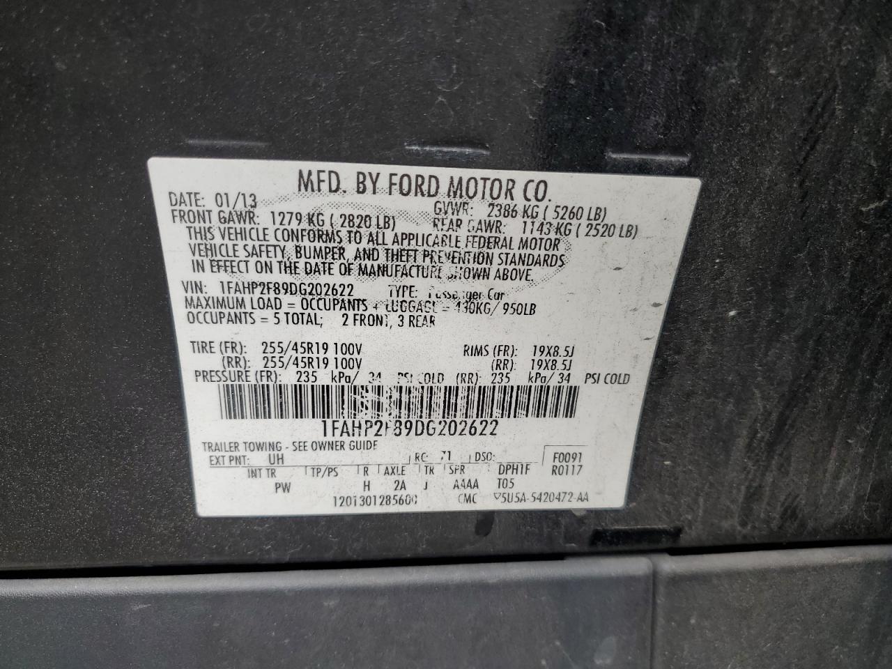 2013 Ford Taurus Limited VIN: 1FAHP2F89DG202622 Lot: 84260135