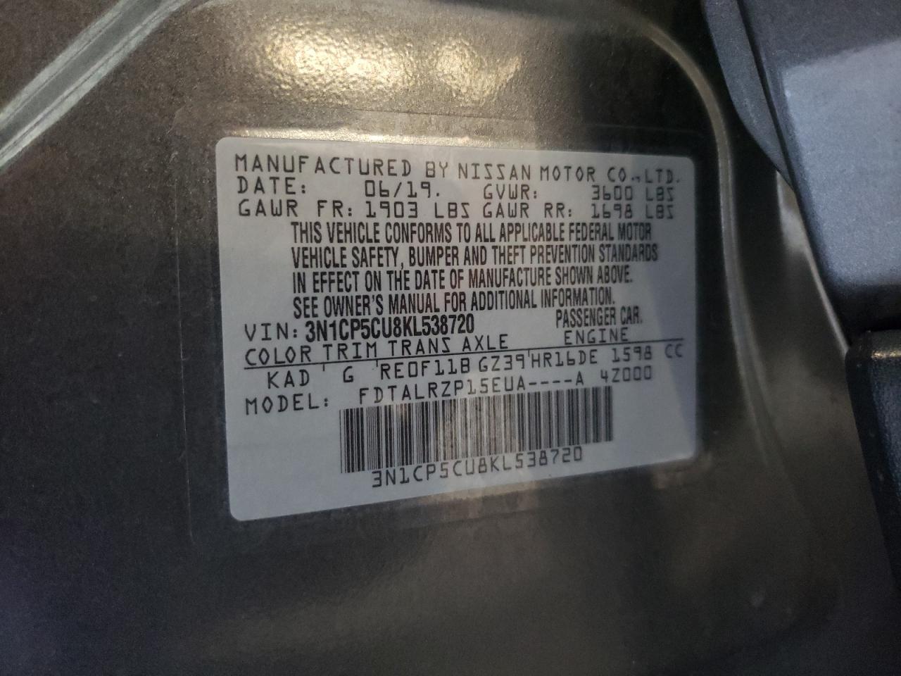 2019 Nissan Kicks S VIN: 3N1CP5CU8KL538720 Lot: 71306285