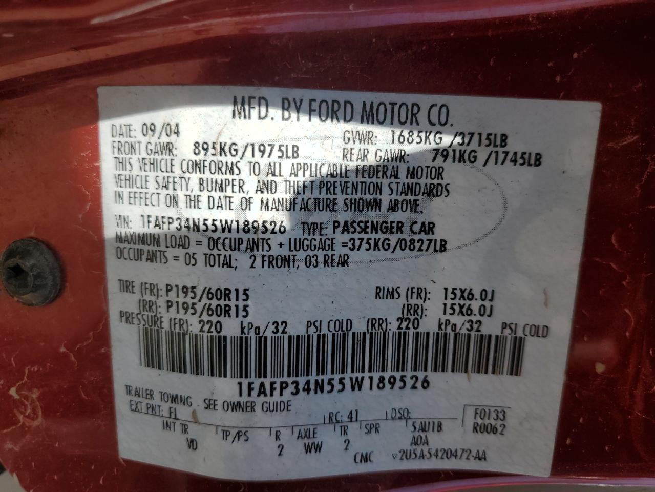 2005 Ford Focus Zx4 VIN: 1FAFP34N55W189526 Lot: 80314745