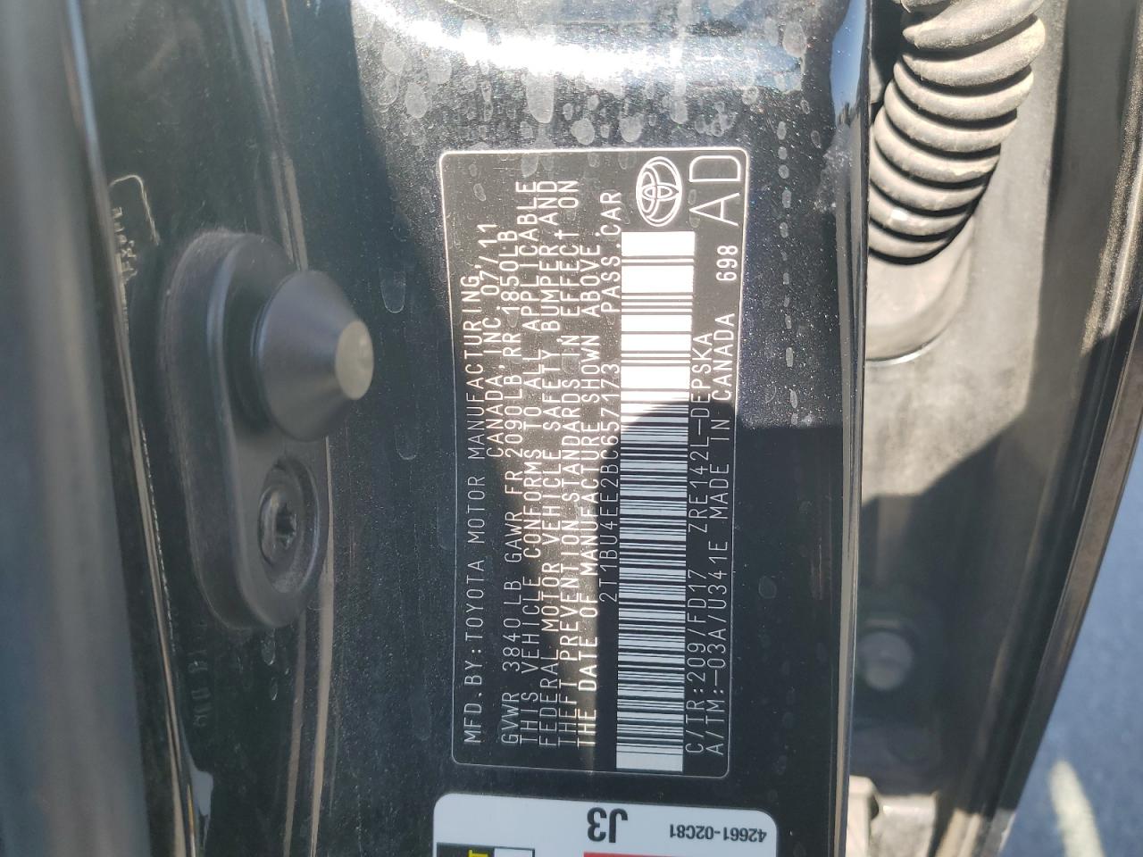 2011 Toyota Corolla Base VIN: 2T1BU4EE2BC657173 Lot: 82165485