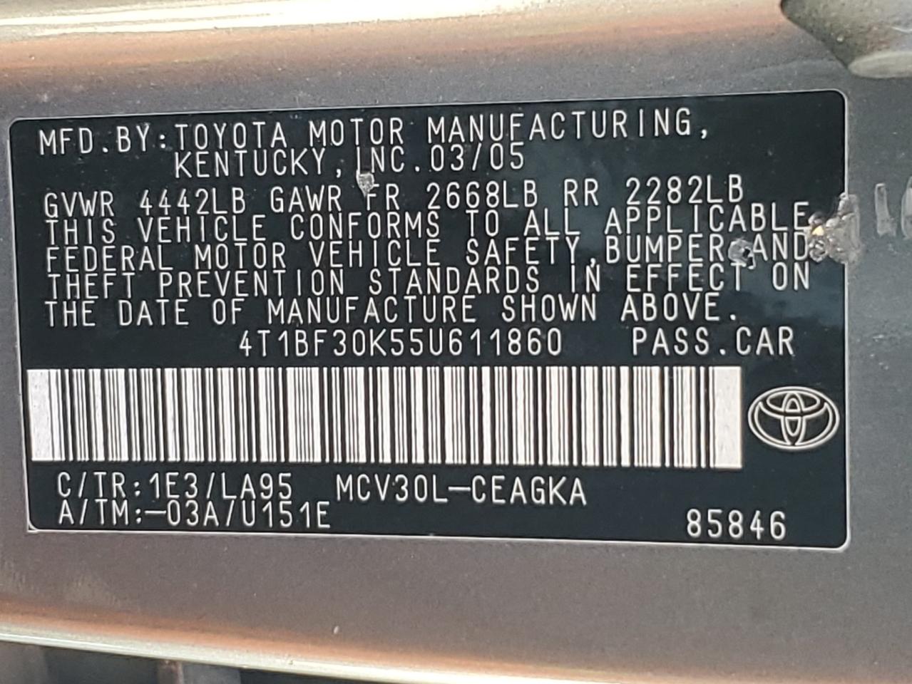 2005 Toyota Camry Le VIN: 4T1BF30K55U611860 Lot: 81791605