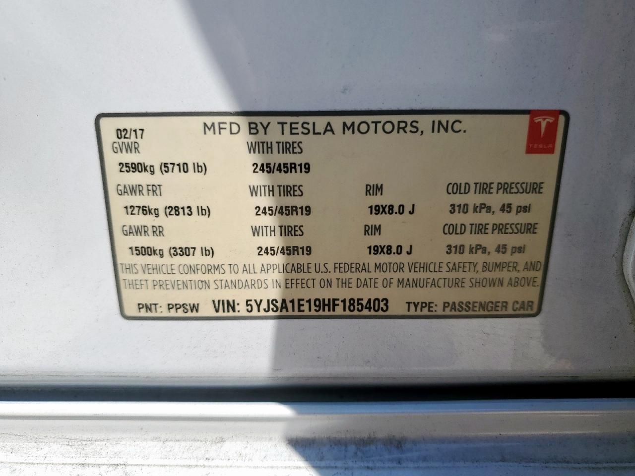 2017 Tesla Model S VIN: 5YJSA1E19HF185403 Lot: 71413325