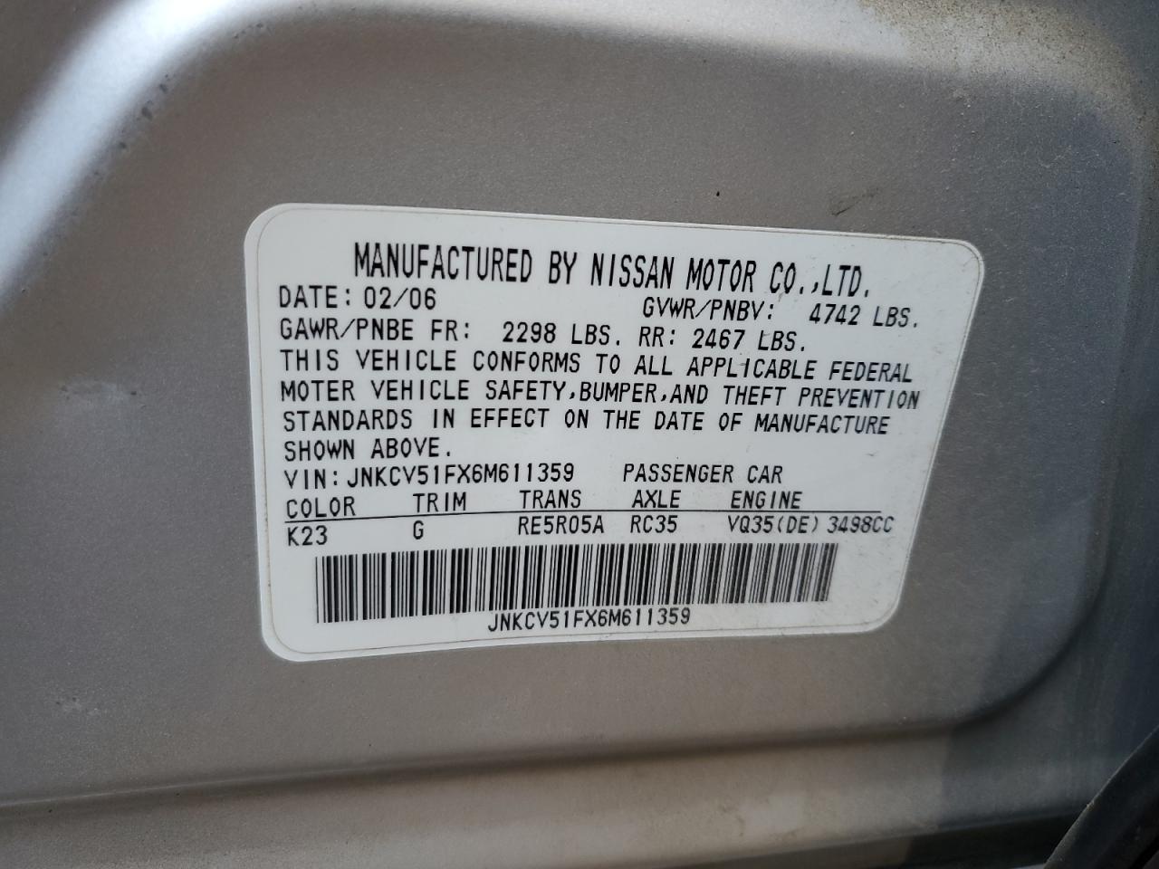 2006 Infiniti G35 VIN: JNKCV51FX6M611359 Lot: 71561035