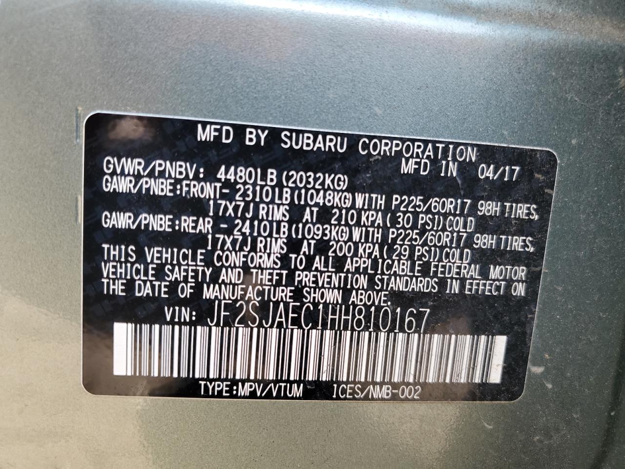 2017 Subaru Forester 2.5I Premium VIN: JF2SJAEC1HH810167 Lot: 83944175