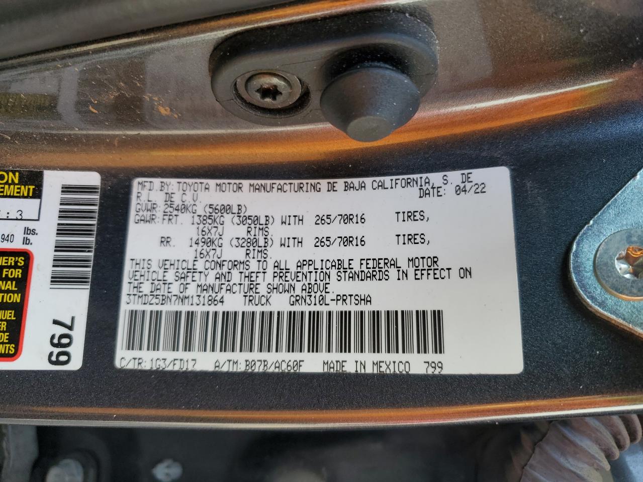 2022 Toyota Tacoma Double Cab VIN: 3TMDZ5BN7NM131864 Lot: 72103375