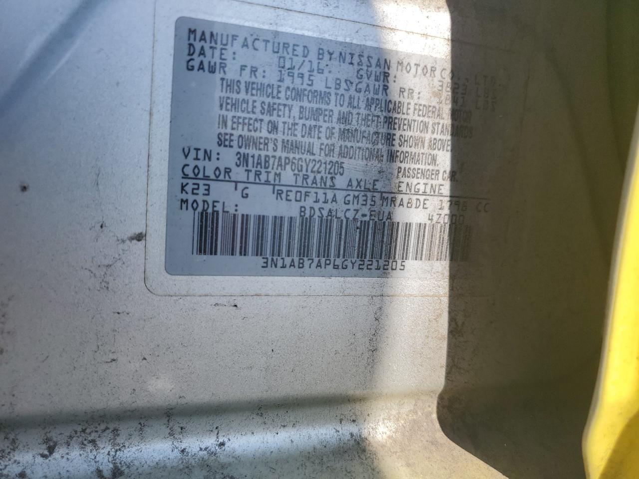 2016 Nissan Sentra S VIN: 3N1AB7AP6GY221205 Lot: 80564665