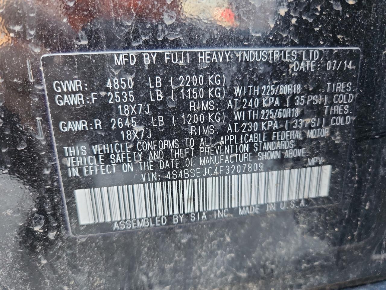 2015 Subaru Outback 3.6R Limited VIN: 4S4BSEJC4F3207809 Lot: 72022775