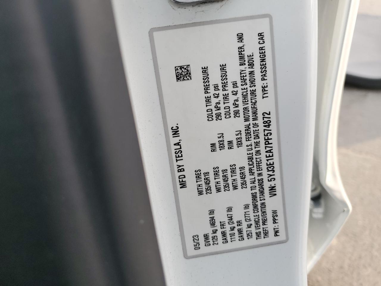 2023 Tesla Model 3 VIN: 5YJ3E1EA7PF574872 Lot: 71185855