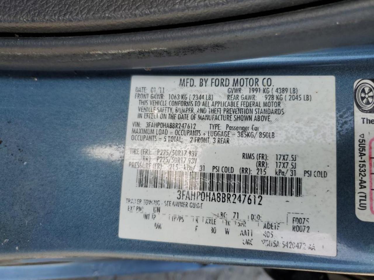 2011 Ford Fusion Se VIN: 3FAHP0HA8BR247612 Lot: 71249945