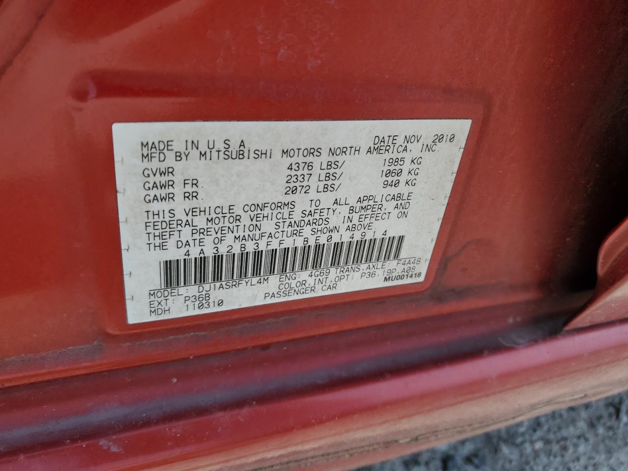 2011 Mitsubishi Galant Es VIN: 4A32B3FF1BE014914 Lot: 71118125