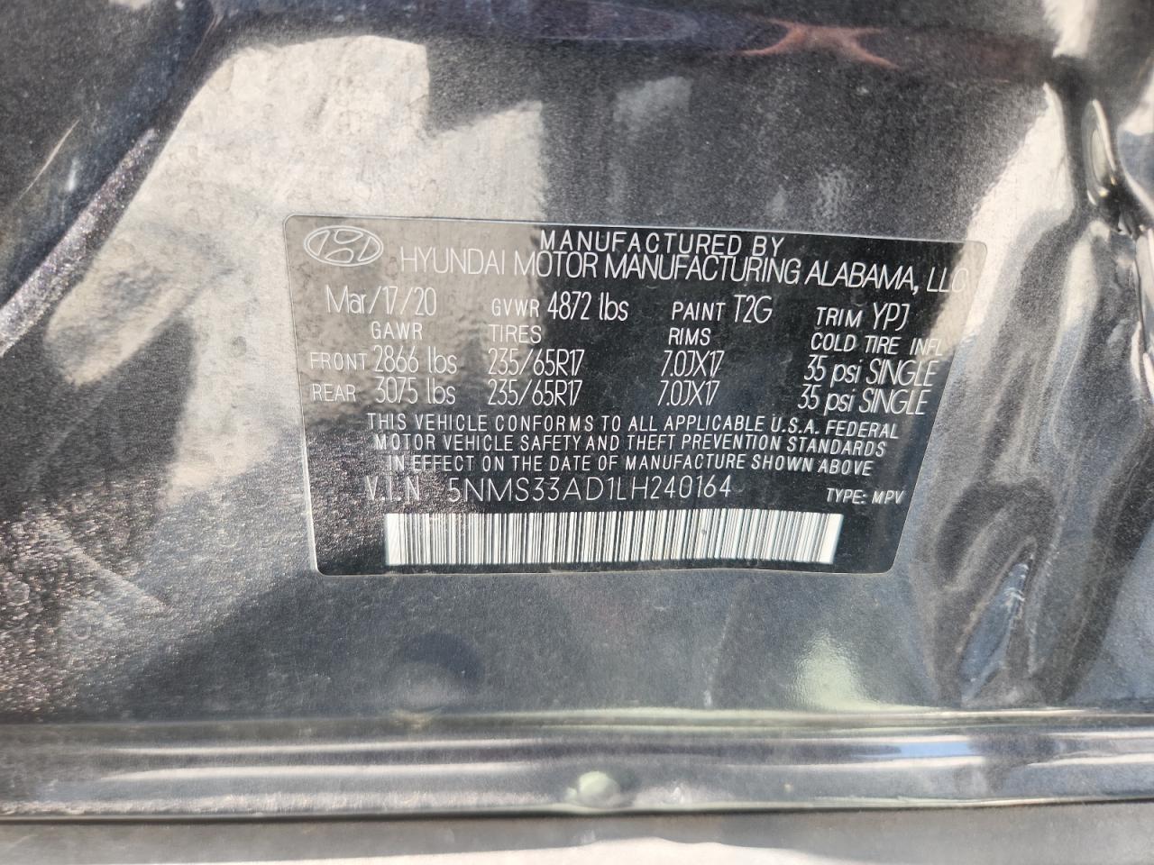 2020 Hyundai Santa Fe Sel VIN: 5NMS33AD1LH240164 Lot: 81011425