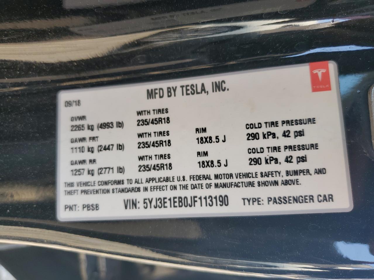 2018 Tesla Model 3 VIN: 5YJ3E1EB0JF113190 Lot: 80114385