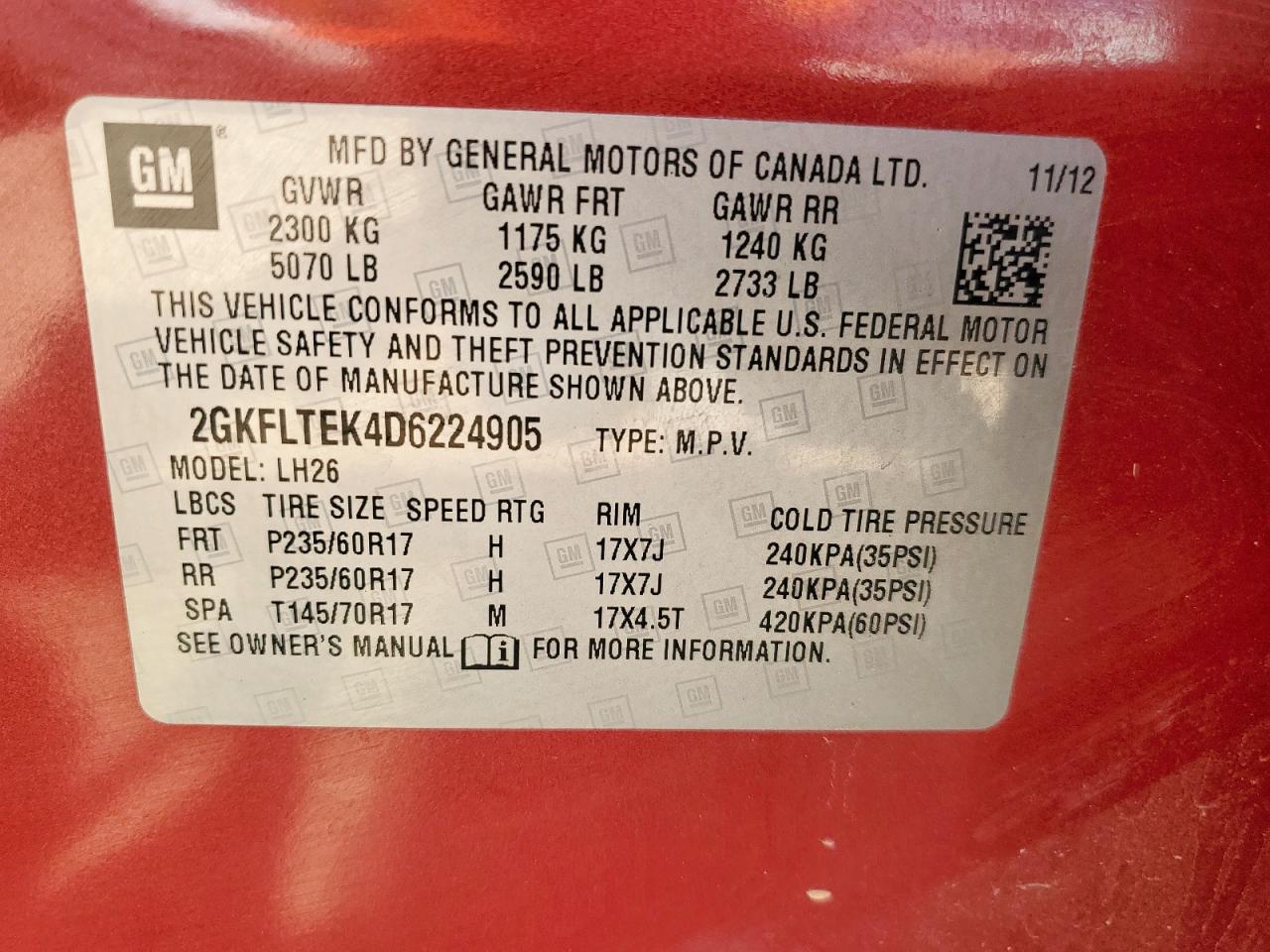 2013 GMC Terrain Sle VIN: 2GKFLTEK4D6224905 Lot: 80326965