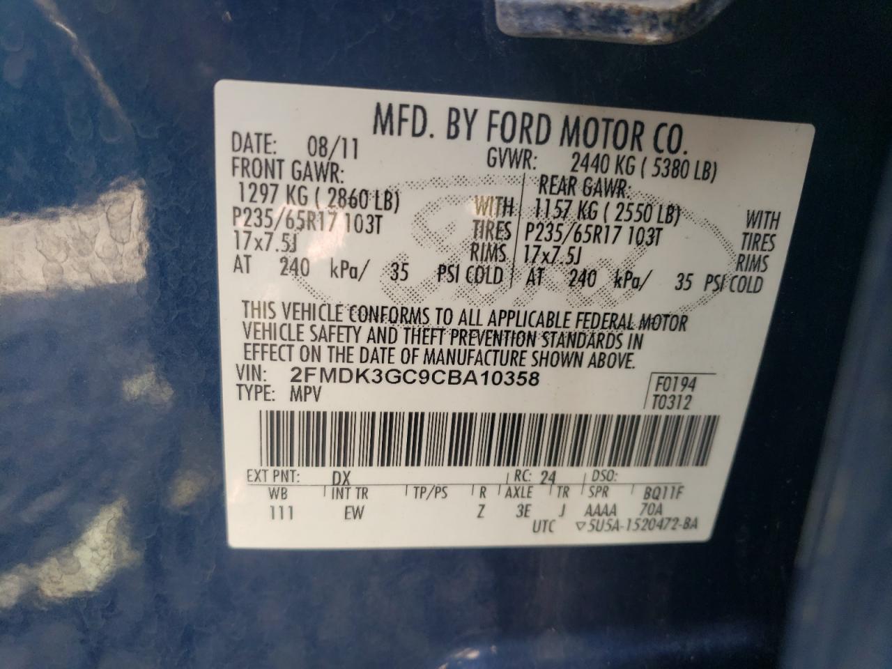 2012 Ford Edge Se VIN: 2FMDK3GC9CBA10358 Lot: 81609975