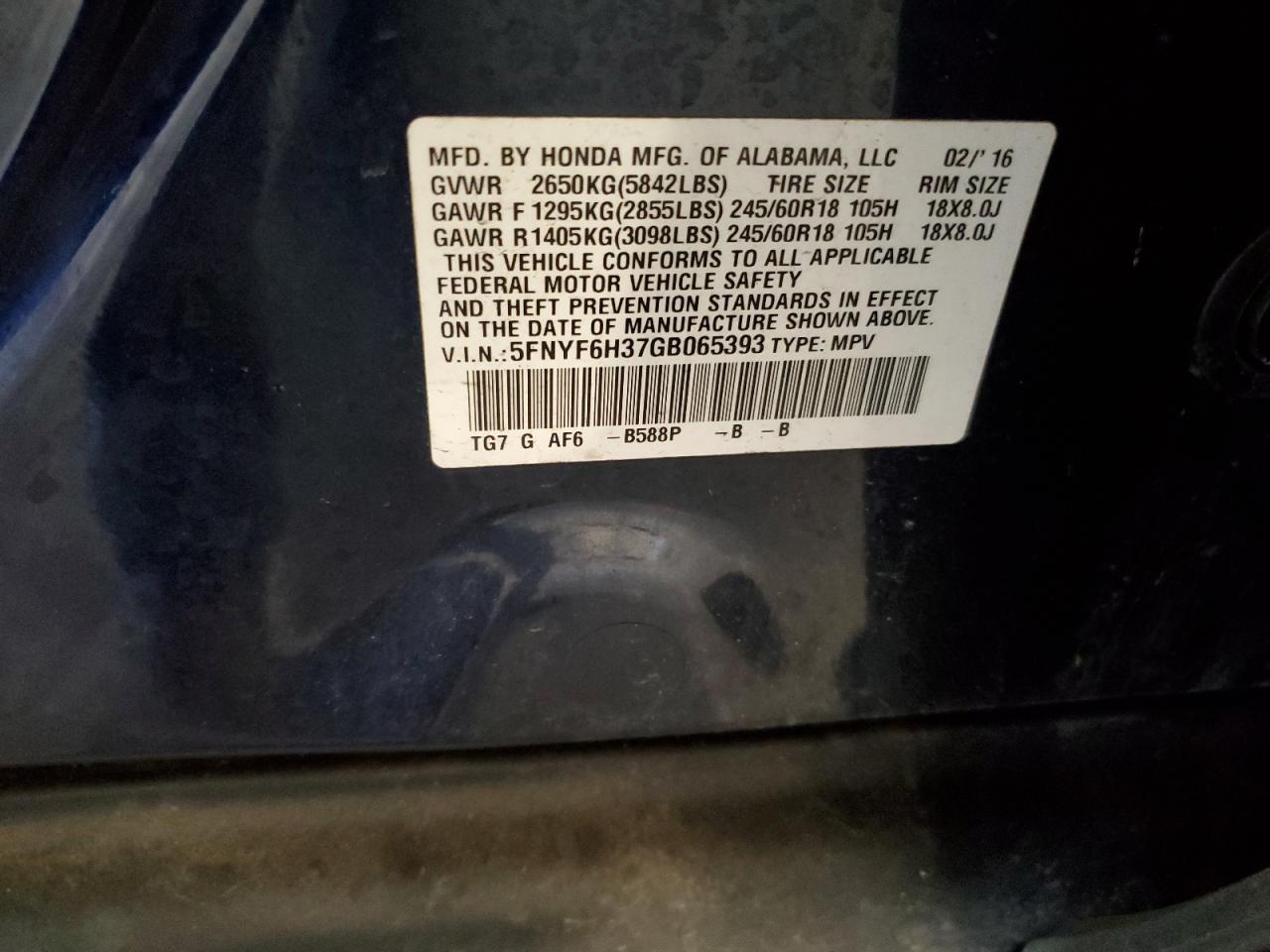 2016 Honda Pilot Ex VIN: 5FNYF6H37GB065393 Lot: 80079835