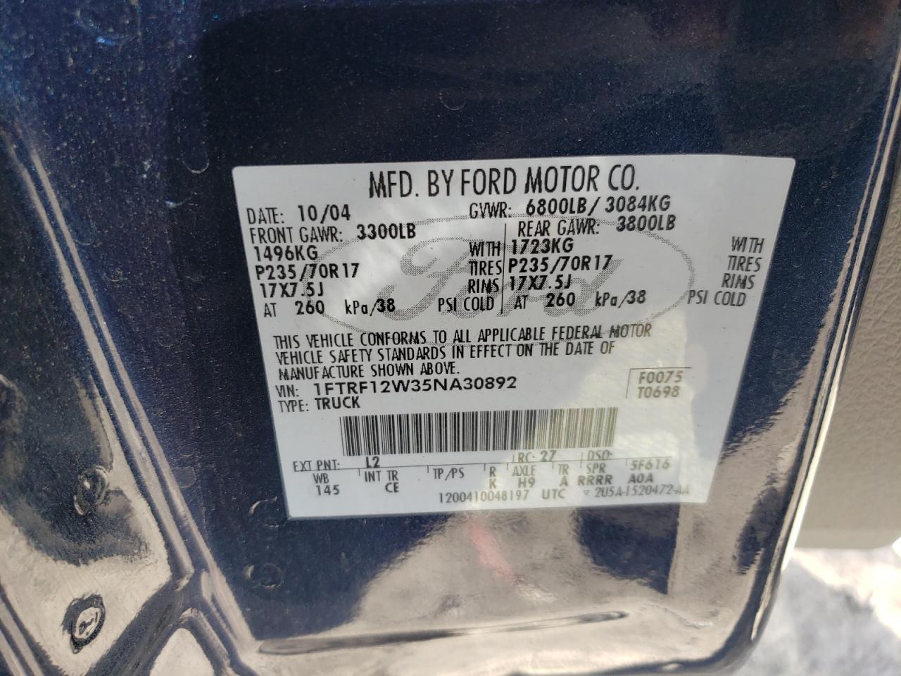 2005 Ford F150 VIN: 1FTRF12W35NA30892 Lot: 84244625