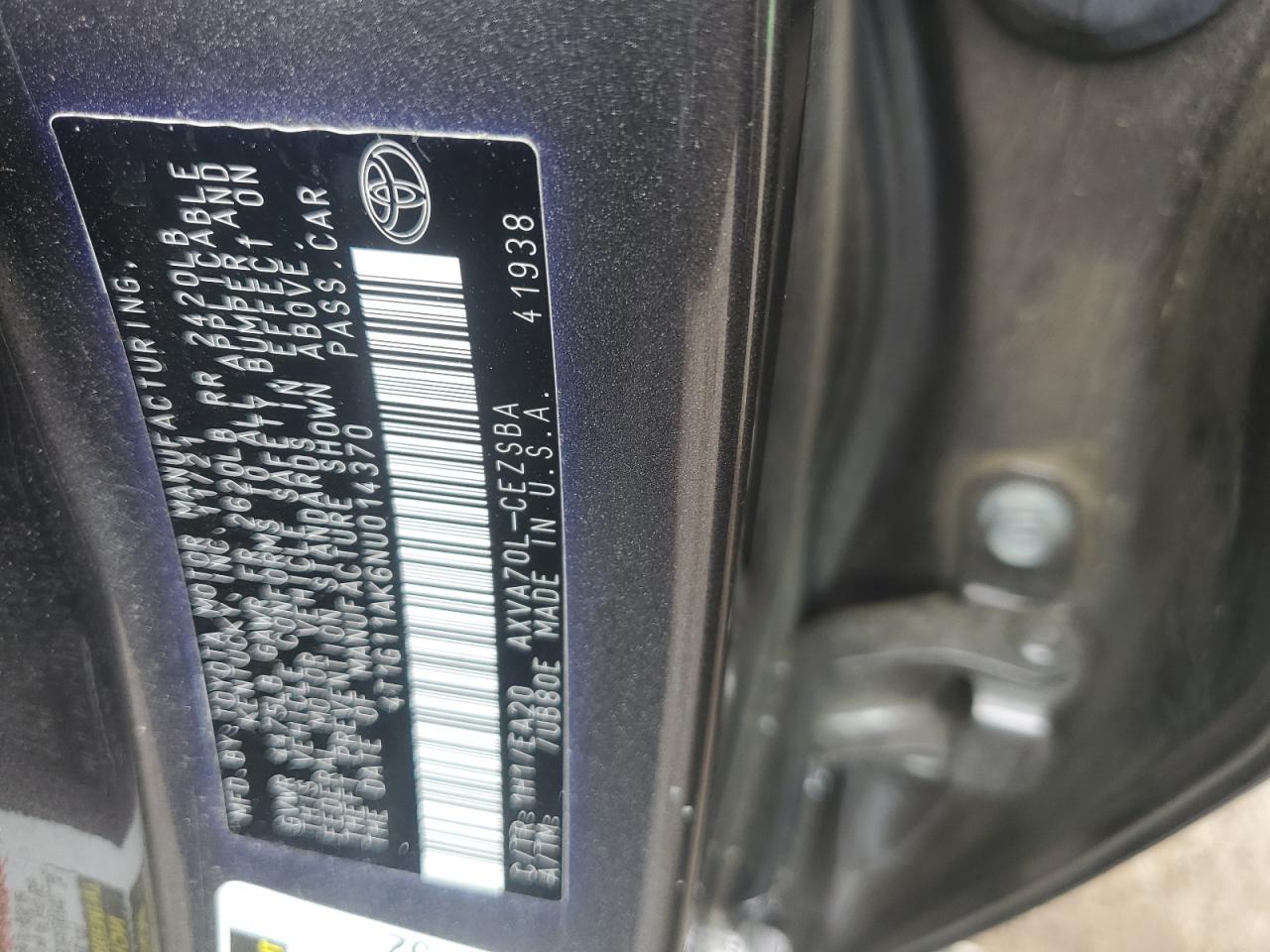 2022 Toyota Camry Se VIN: 4T1G11AK6NU014370 Lot: 82143185