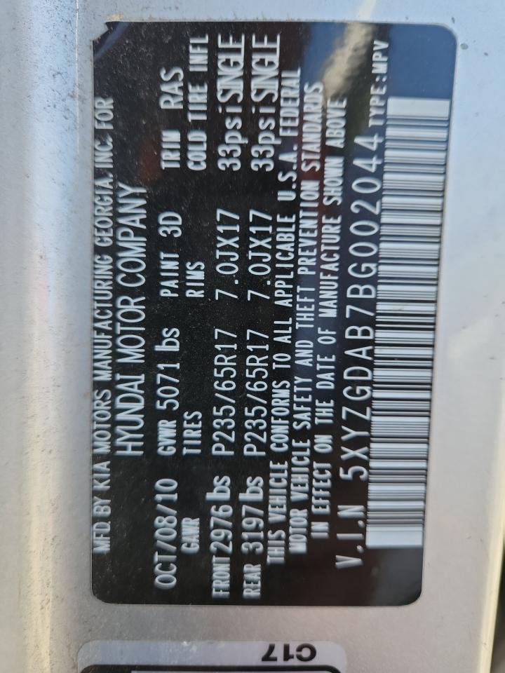 2011 Hyundai Santa Fe Gls VIN: 5XYZGDAB7BG002044 Lot: 81526115