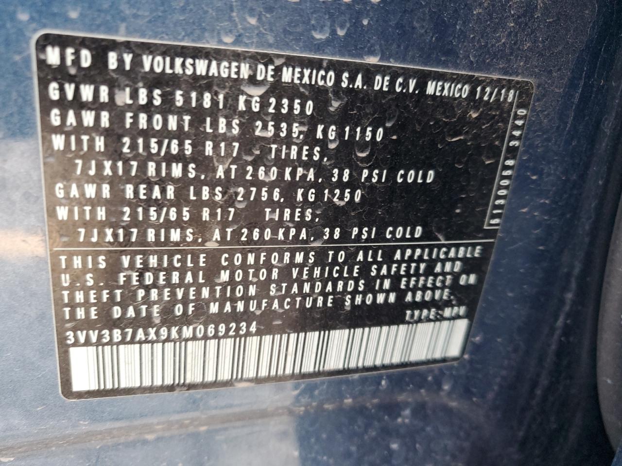 2019 Volkswagen Tiguan Se VIN: 3VV3B7AX9KM069234 Lot: 70760785