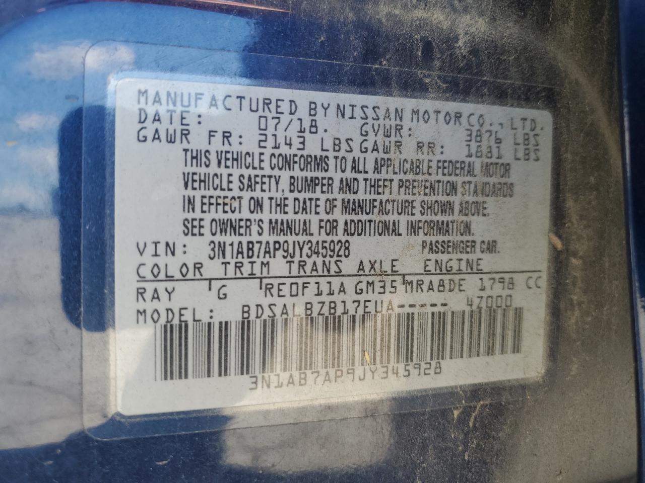 2018 Nissan Sentra S VIN: 3N1AB7AP9JY345928 Lot: 84464655