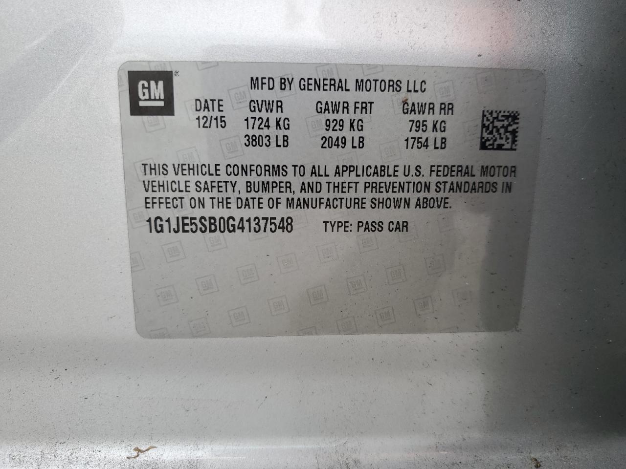 2016 Chevrolet Sonic Ltz VIN: 1G1JE5SB0G4137548 Lot: 81079525