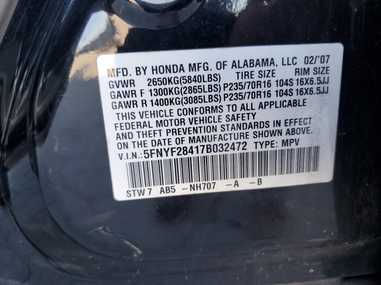 2007 Honda Pilot Ex VIN: 5FNYF28417B032472 Lot: 81255805