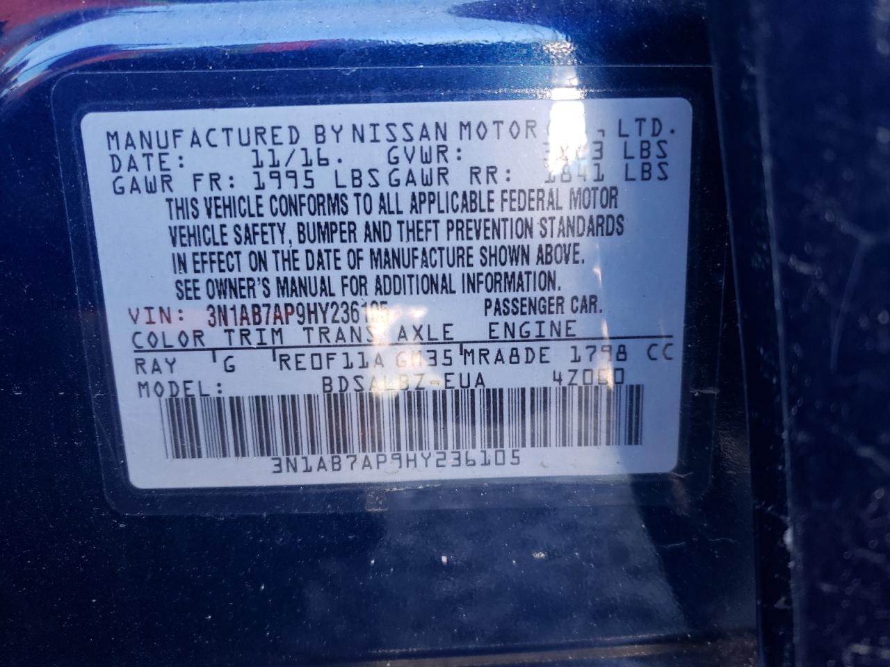 2017 Nissan Sentra S VIN: 3N1AB7AP9HY236105 Lot: 71690805