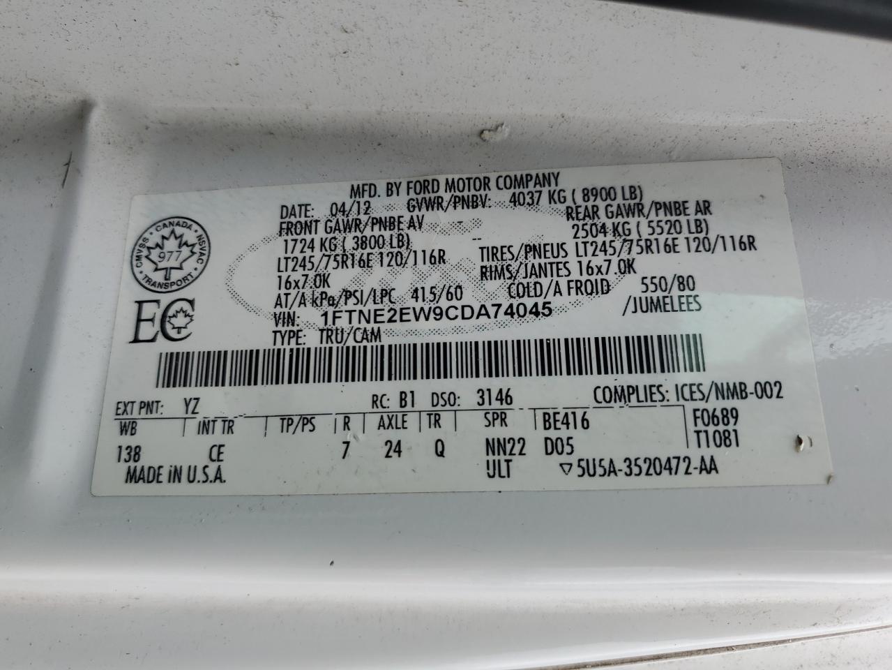 2012 Ford Econoline E250 Van VIN: 1FTNE2EW9CDA74045 Lot: 81143655