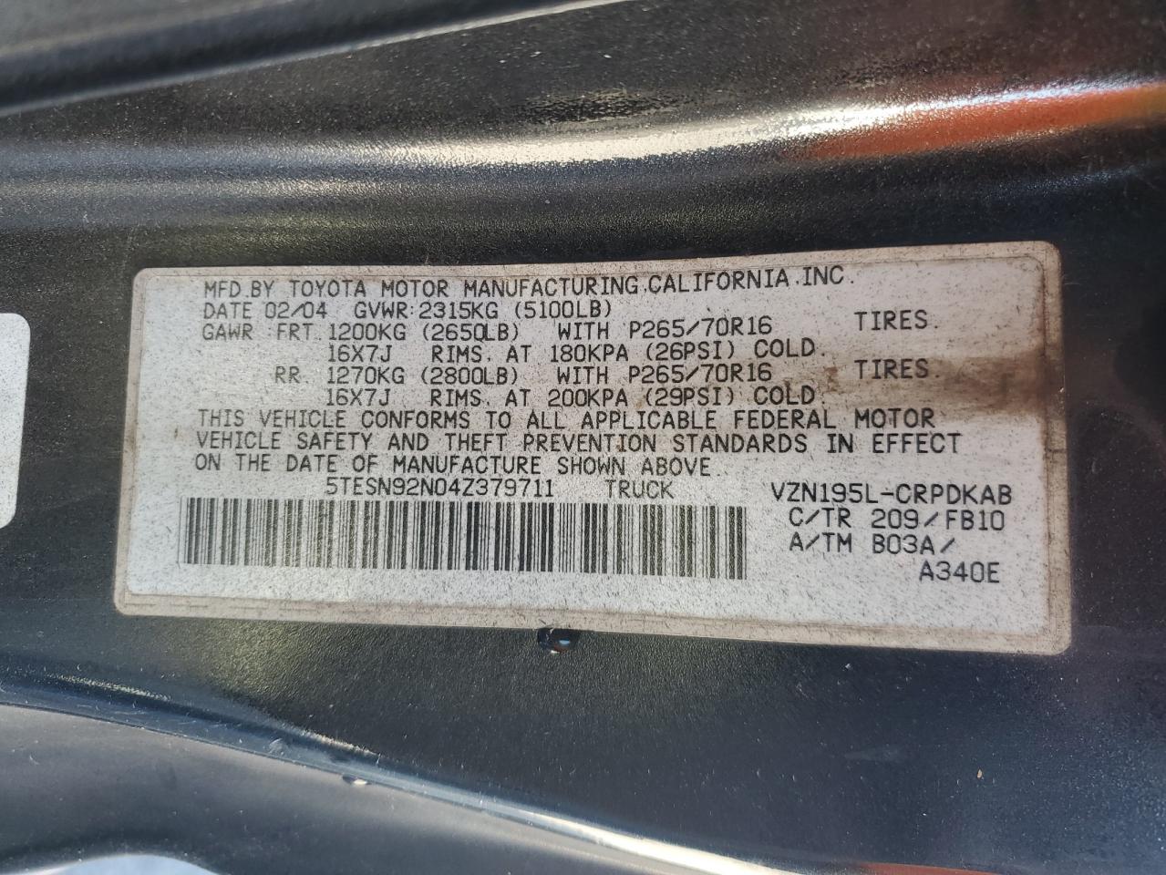 2004 Toyota Tacoma Xtracab Prerunner VIN: 5TESN92N04Z379711 Lot: 83815045