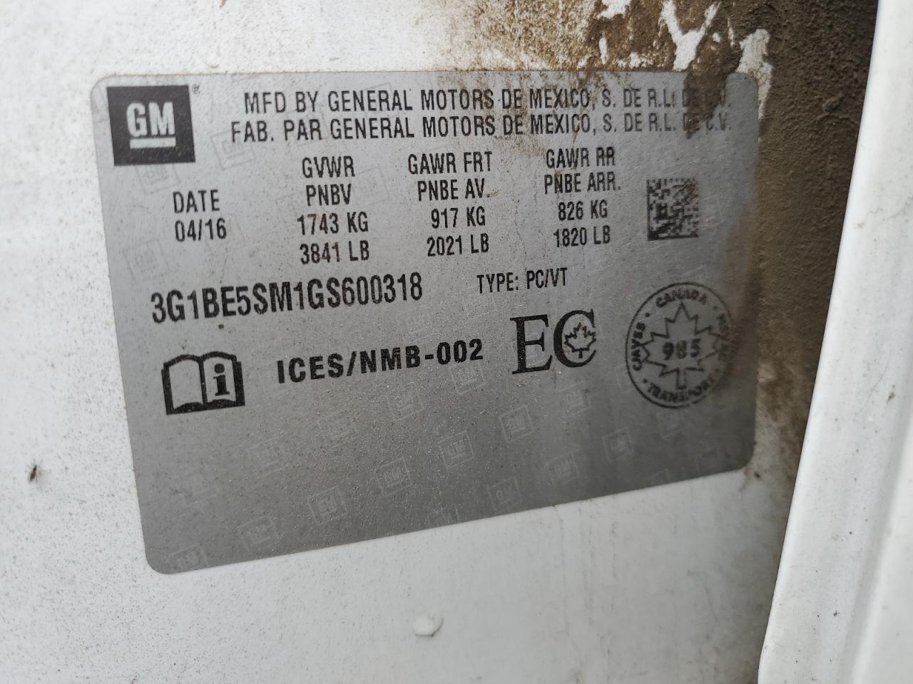 2016 Chevrolet Cruze Lt VIN: 3G1BE5SM1GS600318 Lot: 81593105
